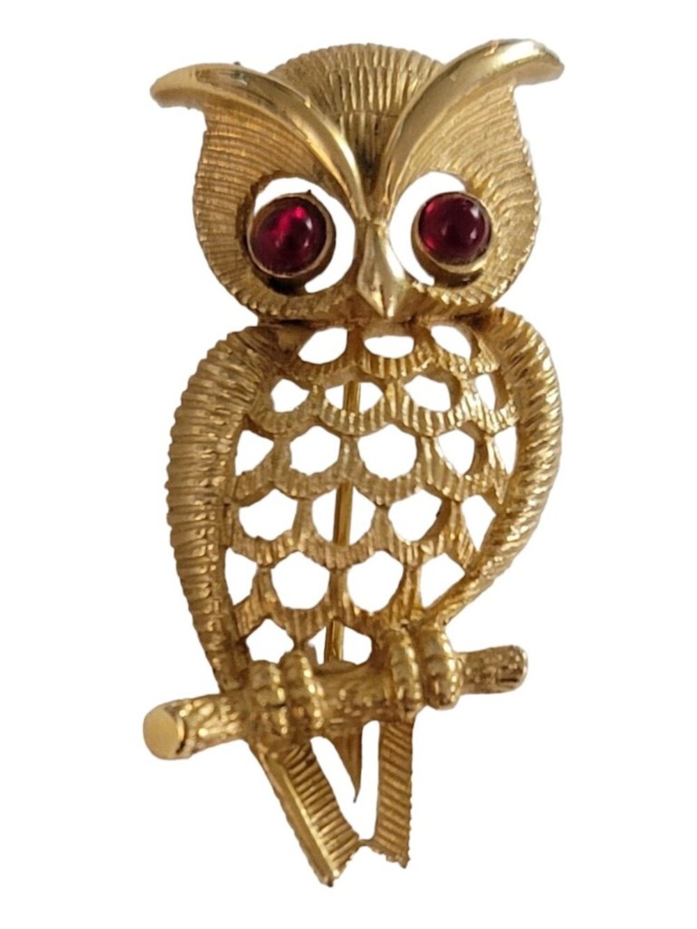 Avon Gold Tone Red Glass Cab Open Owl Brooch, Signed K958